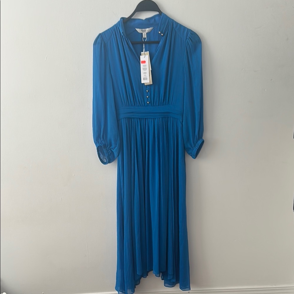 Ever New Blue Ruched Long Sleeve Dress with Mandarin Collar